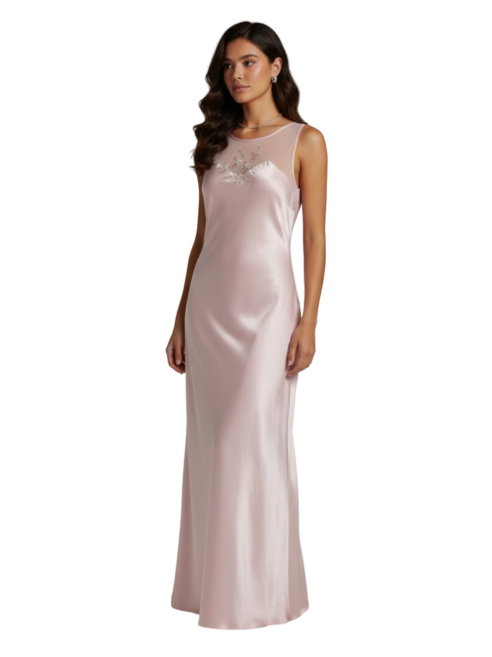 Satin Long Chemise with Sheer Embroidered Yoke - Light Pink